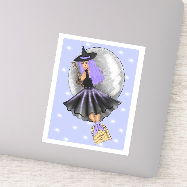 Flying Purple Witch On A Broomstick Sticker (Detail)