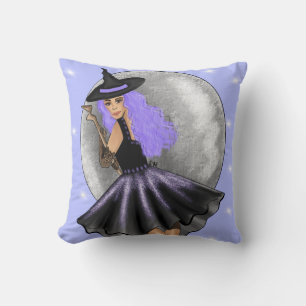 Flying Purple Witch Throw Pillow