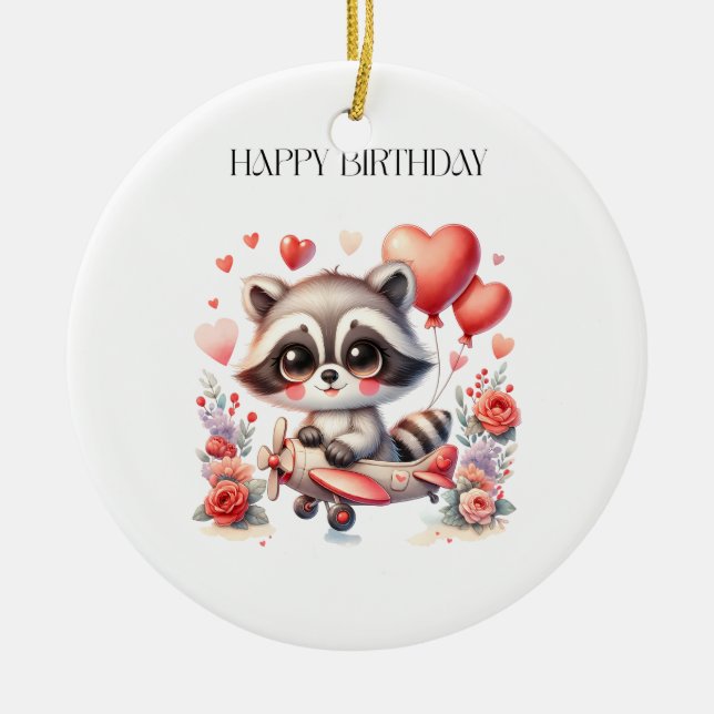 Flying Racoon Birthday Ceramic Ornament (Front)