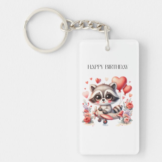 Flying Racoon Birthday Key Ring (Front)