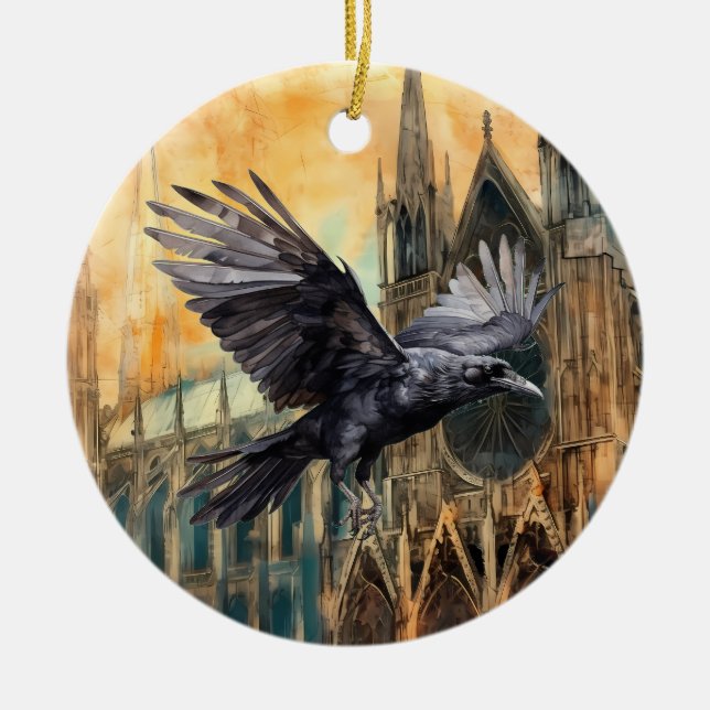 Flying Raven and Mediaeval Gothic Cathedral Ceramic Ornament (Front)