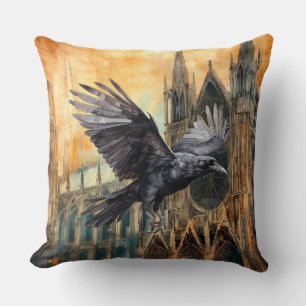 Flying Raven and Mediaeval Gothic Cathedral Cushion