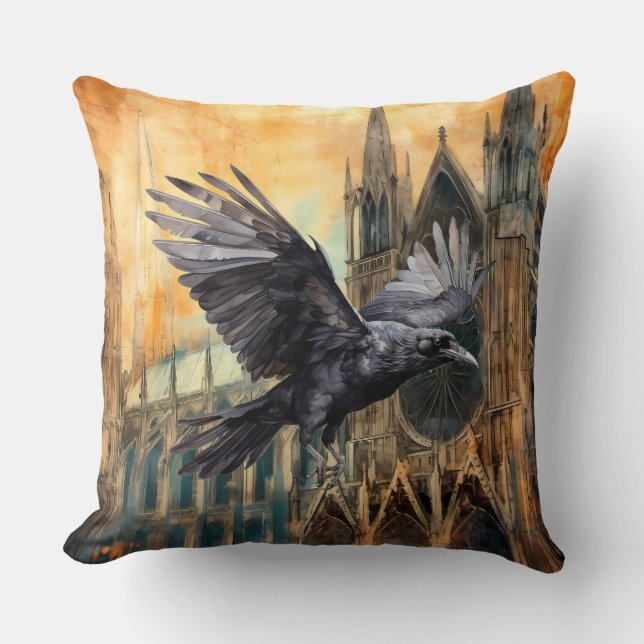 Flying Raven and Mediaeval Gothic Cathedral Cushion (Front)