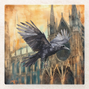 Flying Raven and Mediaeval Gothic Cathedral Glass Coaster