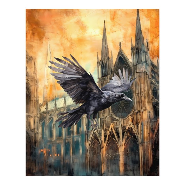 Flying Raven and Mediaeval Gothic Cathedral Photo Print (Front)