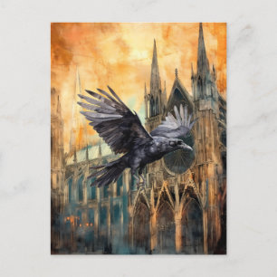 Flying Raven and Mediaeval Gothic Cathedral Postcard