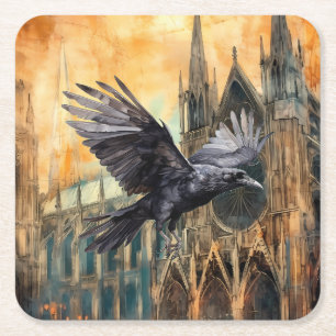 Flying Raven and Mediaeval Gothic Cathedral Square Paper Coaster