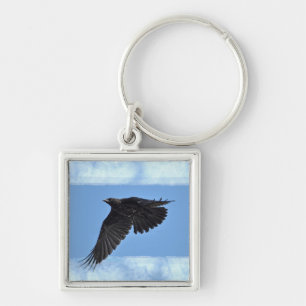 Flying Raven Modern Art in Blue Key Ring