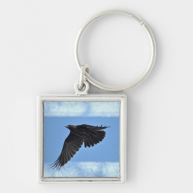Flying Raven Modern Art in Blue Key Ring (Front)