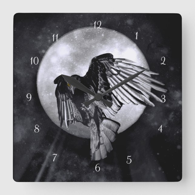 Flying Raven or Crow and Moon Gothic Square Wall Clock (Front)
