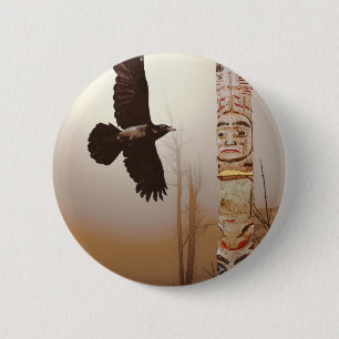 Flying Raven & Totem-Pole Fantasy Art 6 Cm Round Badge