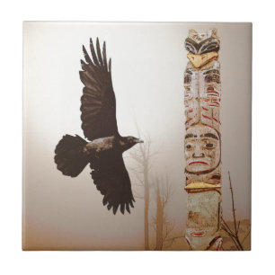 Flying Raven & Totem-Pole Fantasy Art Ceramic Tile