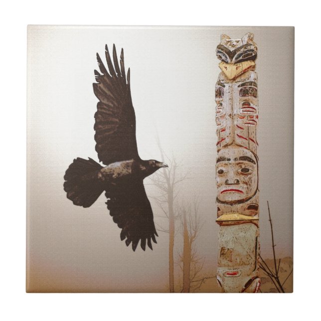Flying Raven & Totem-Pole Fantasy Art Ceramic Tile (Front)