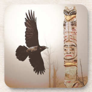 Flying Raven & Totem-Pole Fantasy Art Coaster
