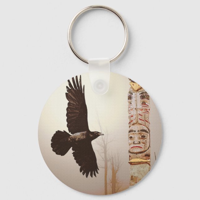 Flying Raven & Totem-Pole Fantasy Art Key Ring (Front)