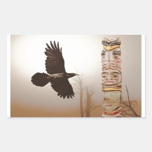 Flying Raven & Totem-Pole Fantasy Art Rectangular Sticker