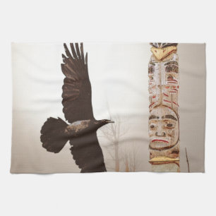 Flying Raven & Totem-Pole Fantasy Art Tea Towel