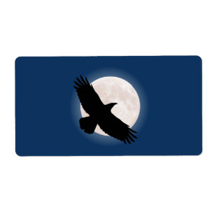 Flying raven with the moon behind it