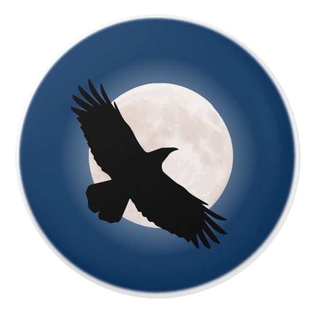 Flying raven with the moon behind it ceramic knob (Front)