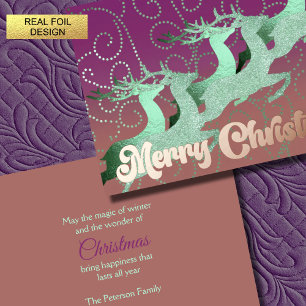 Flying Reindeer Mint Purple Clay Foil Holiday Card