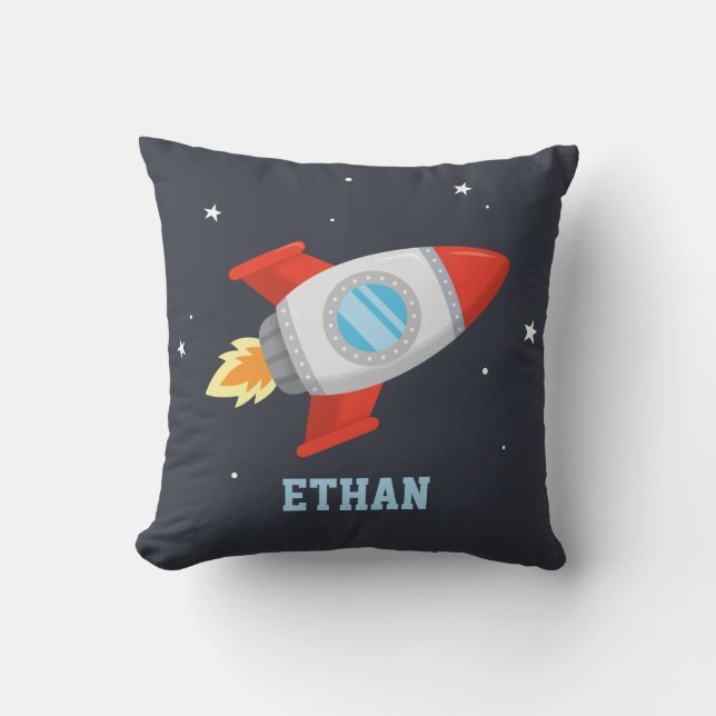 Flying Rocket In Outer Space, Kids Personalised Cushion (Front)