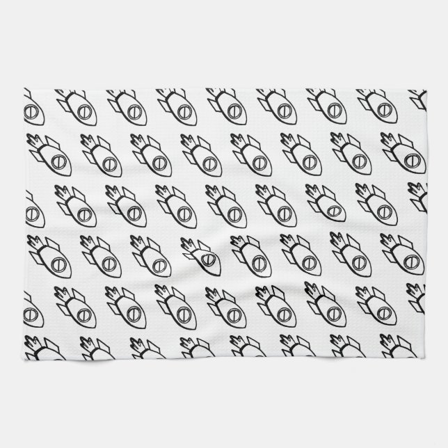 Flying Rocket Sketch Pattern Tea Towel (Horizontal)