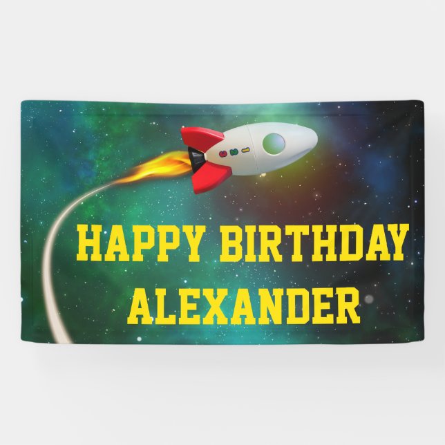 Flying Rocket Spaceship Galaxy Kids Birthday Party Banner (Horizontal)
