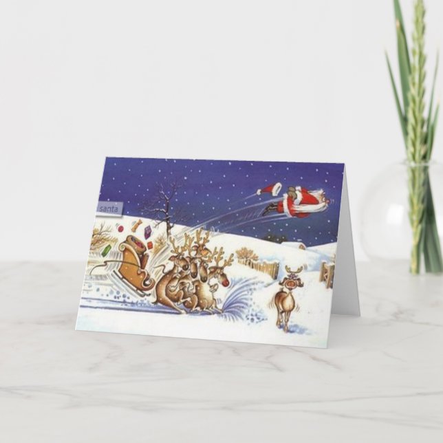 Flying Santa Beautiful Reindeer Funny Christmas Holiday Card (Front)
