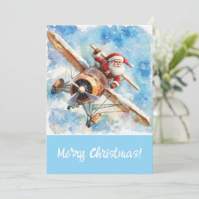 Flying Santa Christmas Card (Santa on Aeroplane) (Standing Front)