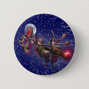Flying Santa Claus Red Nosed Reindeer 6 Cm Round Badge