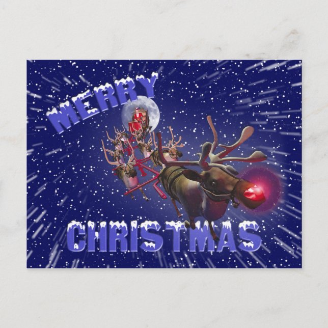 Flying Santa Claus Red Nosed Reindeer Holiday Postcard (Front)
