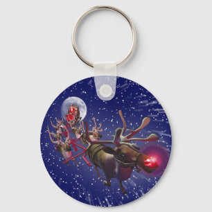 Flying Santa Claus Red Nosed Reindeer Key Ring