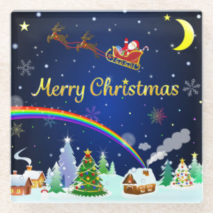 Flying Santa Claus with Crescent Moon Glass Coaster