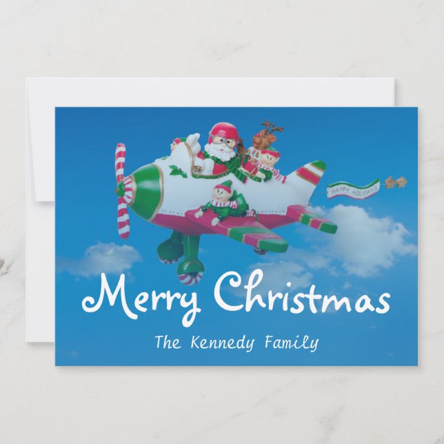 Flying Santa Claus with Elves in Aeroplane Holiday Card (Front)