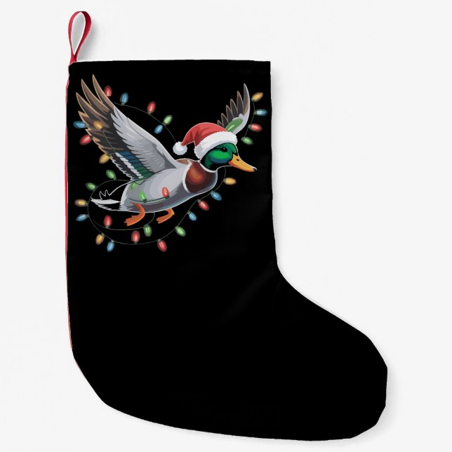 Flying Santa Duck Christmas Lights Hunting Season Small Christmas Stocking (Front)