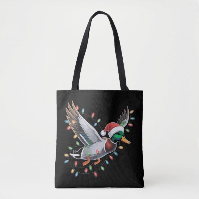 Flying Santa Duck Christmas Lights Hunting Season Tote Bag (Front)