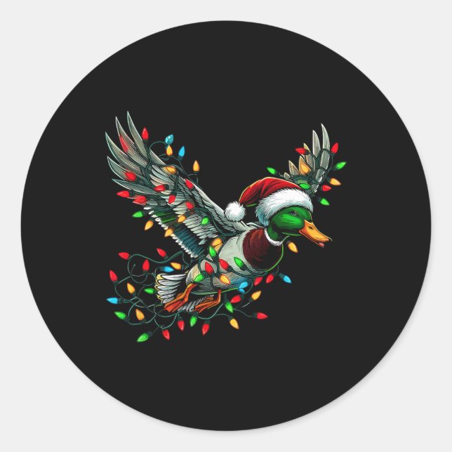 Flying Santa Duck With Christmas Lights Hunting Se Classic Round Sticker (Front)