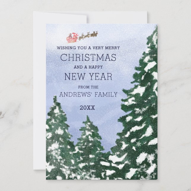 Flying Santa Snowy Winter Trees Painted Christmas Holiday Card (Front)