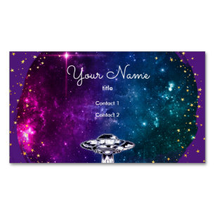 Flying   saucer  in the purple artistic galaxy 	Magnetic business card