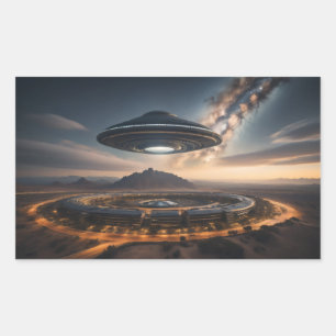 Flying Saucer Over Circular City Rectangular Sticker