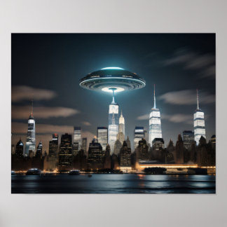 Flying Saucer Over City Poster