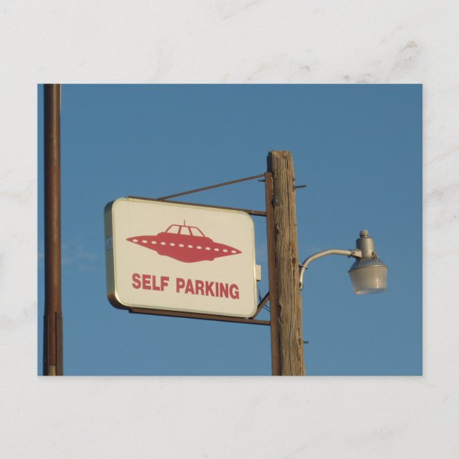 Flying saucer parking sign postcard (Front)