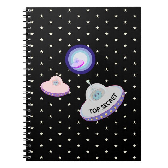 Flying saucers. blue aliens & white stars on black notebook (Front)