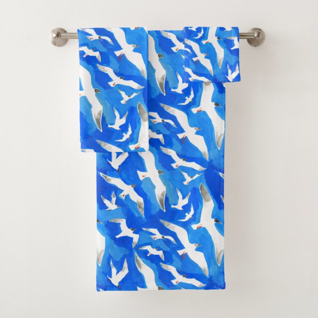 Flying seagulls on sky blue bath towel set (Insitu)