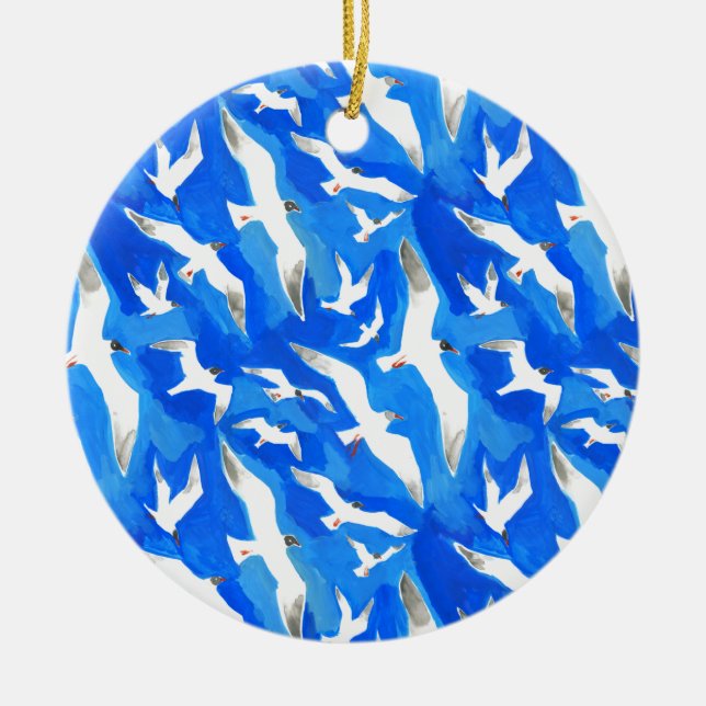Flying seagulls on sky blue ceramic ornament (Front)