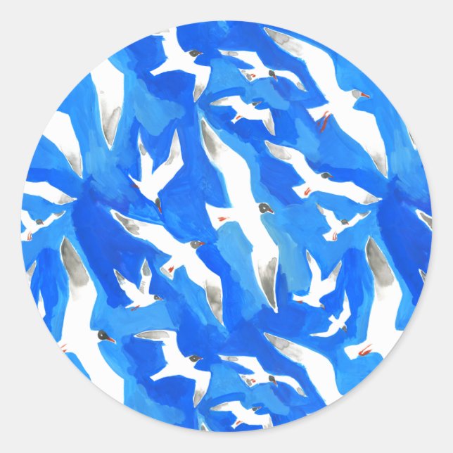 Flying seagulls on sky blue classic round sticker (Front)