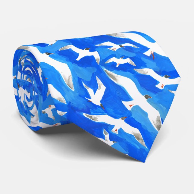 Flying seagulls on sky blue tie (Rolled)