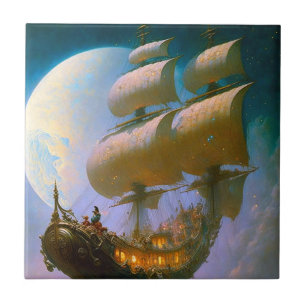 Flying Ship Fantasy Art Ceramic Tile
