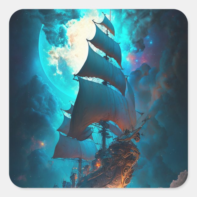 Flying Ship Fantasy Art Square Sticker (Front)