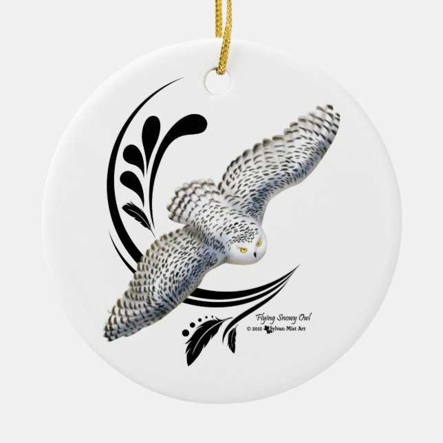 Flying Snowy Owl Ceramic Tree Decoration (Front)
